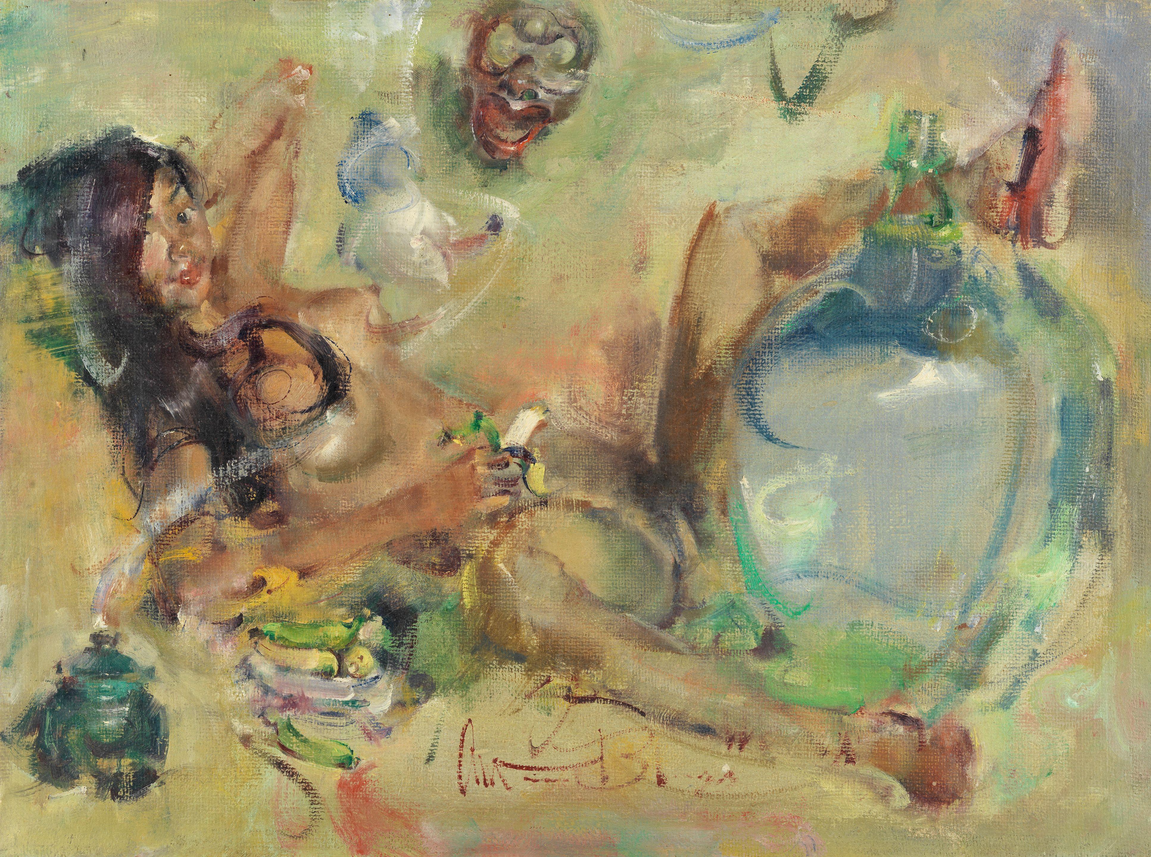 Antonio Blanco - Reclining nude with devil mask, large glass flask and bananas