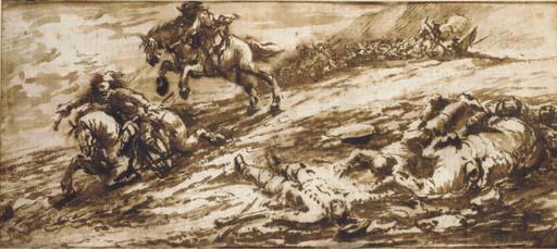 Antonio Calza - A cavalry scene with a battle in the background