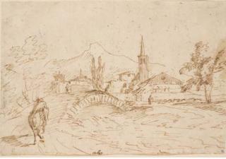 Antonio Calza - A landscape with a bridge, a rider on the foreground, a village beyond