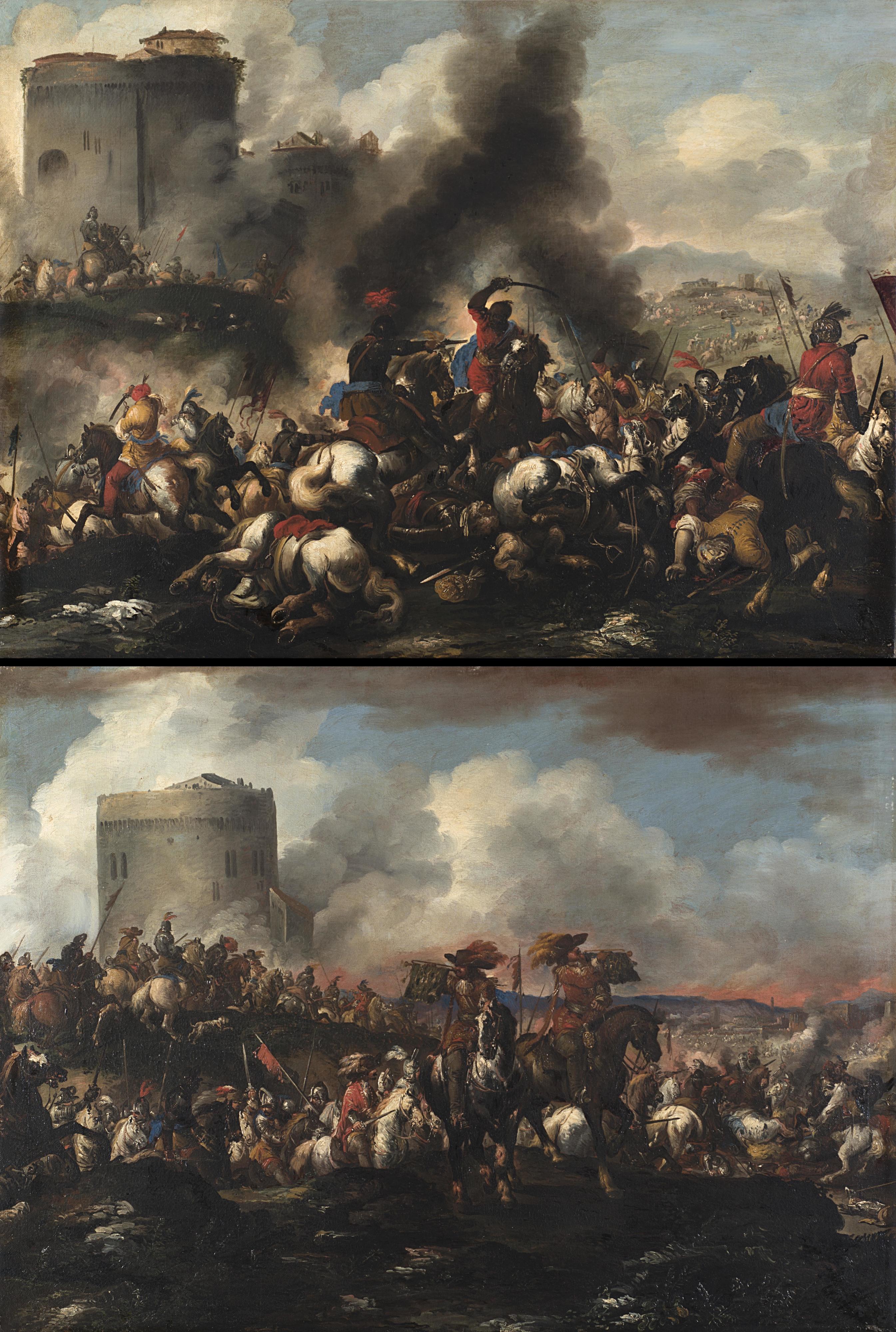 Antonio Calza - Adunata di cavalieri con trombettieri a cavallo e battaglia ai piedi di una torre