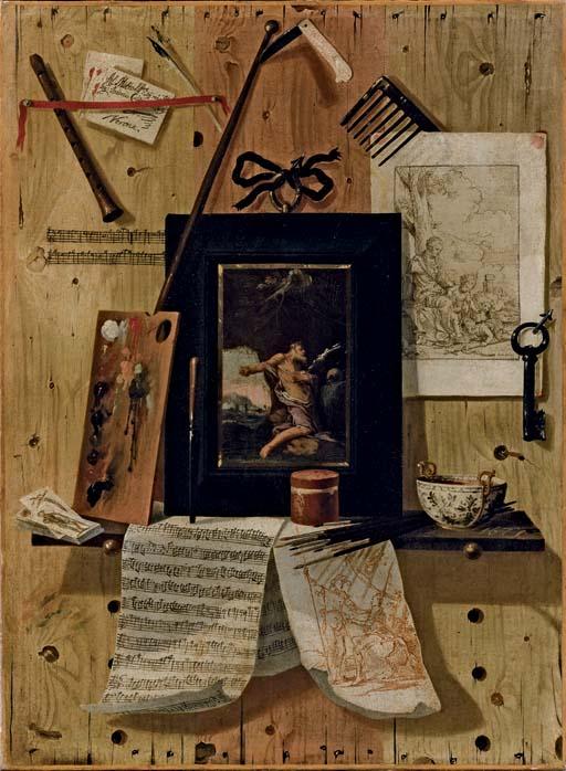 Antonio Calza - Trompe l\'oeil con un disegno, un\'incisione di Carlo Sferini, uno spartito musicale, una tavolozza di colori ed un quadro raffigurante San Girolamo