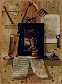 Antonio Calza - Trompe l\'oeil con un disegno, un\'incisione di Carlo Sferini, uno spartito musicale, una tavolozza di colori ed un quadro raffigurante San Girolamo