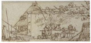 Antonio Canal - A rural cottage with figures at a garden table under a trellis
