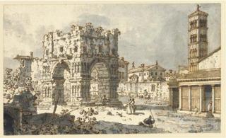 Antonio Canal - The Arch of Janus, Rome, with the church of San Giorgio in Velabro beyond (recto)