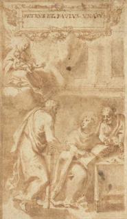 Antonio Cimatori - La Vierge à l\'Enfant apparaissant à Saint Paul et Saint Pierre dictant la règle à Saint Benoit