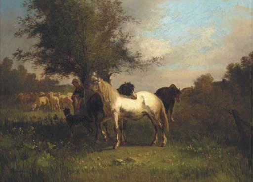 Antonio Cordero Cortès - A farm girl with horses and sheep in a field