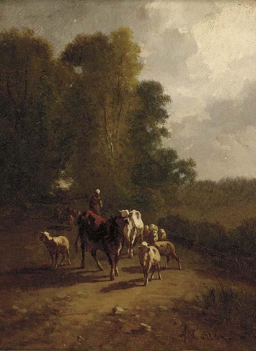 Antonio Cortés - A drover with cattle and sheep on a wooded track
