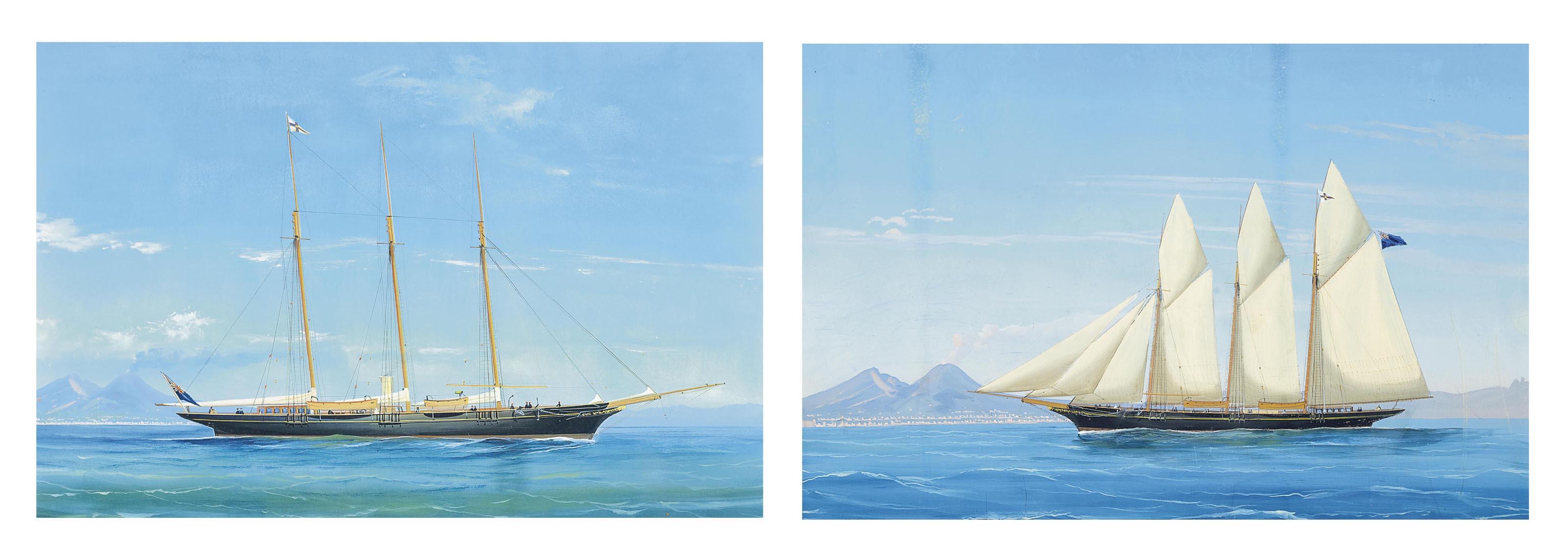 Antonio De Simone - A steam yacht motoring through the Bay of Naples; and A topsail schooner in the Bay of Naples (both illustrated)