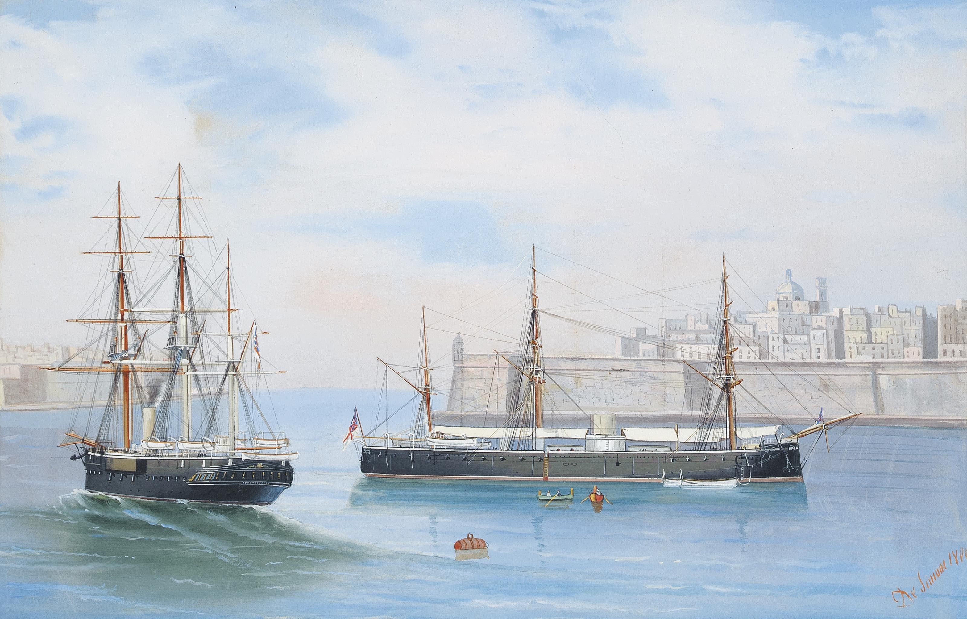 Antonio De Simone - Two Royal Navy ironclads lying in Grand Harbour, Valetta, Malta