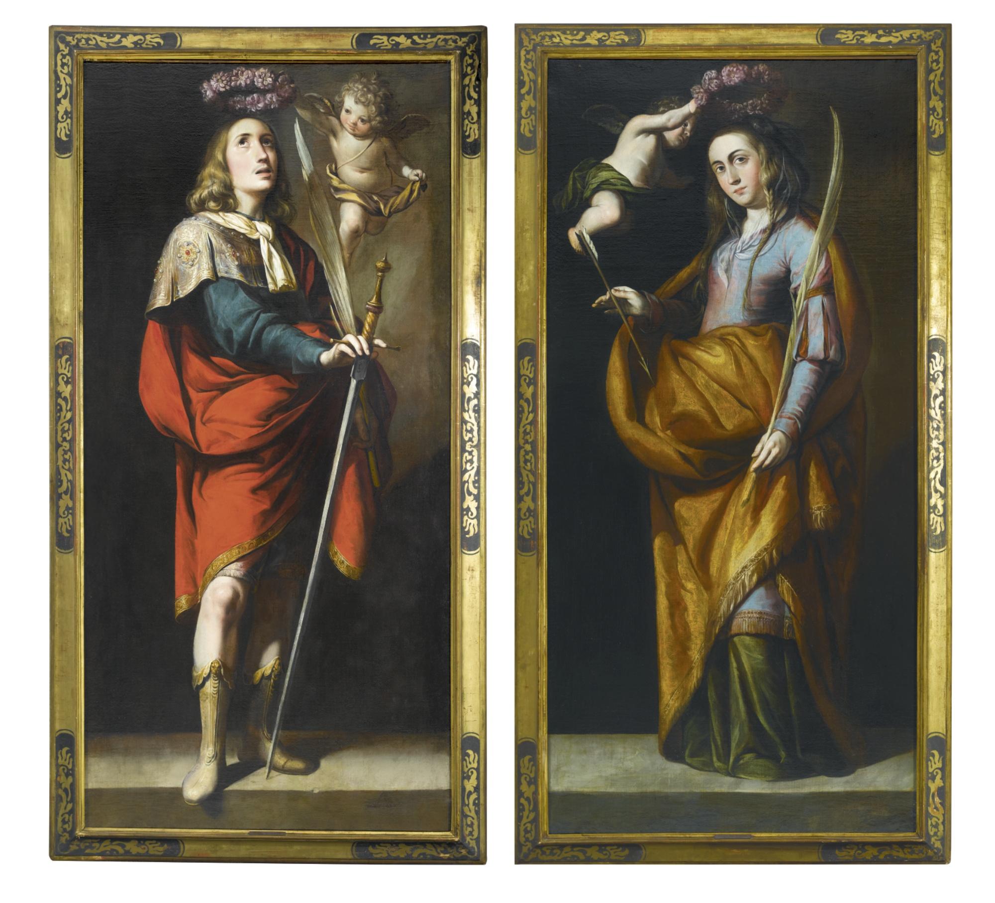 Antonio Del Castillo - Saint Acisclus Holding A Sword And A Martyr\'S Palm, Crowned By A Putti; Saint Victoria, Holding An Arrow And A Martyr\'S Palm, Crowned By A Putti