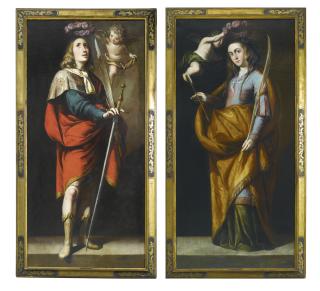 Antonio Del Castillo - Saint Acisclus Holding A Sword And A Martyr\'S Palm, Crowned By A Putti; Saint Victoria, Holding An Arrow And A Martyr\'S Palm, Crowned By A Putti