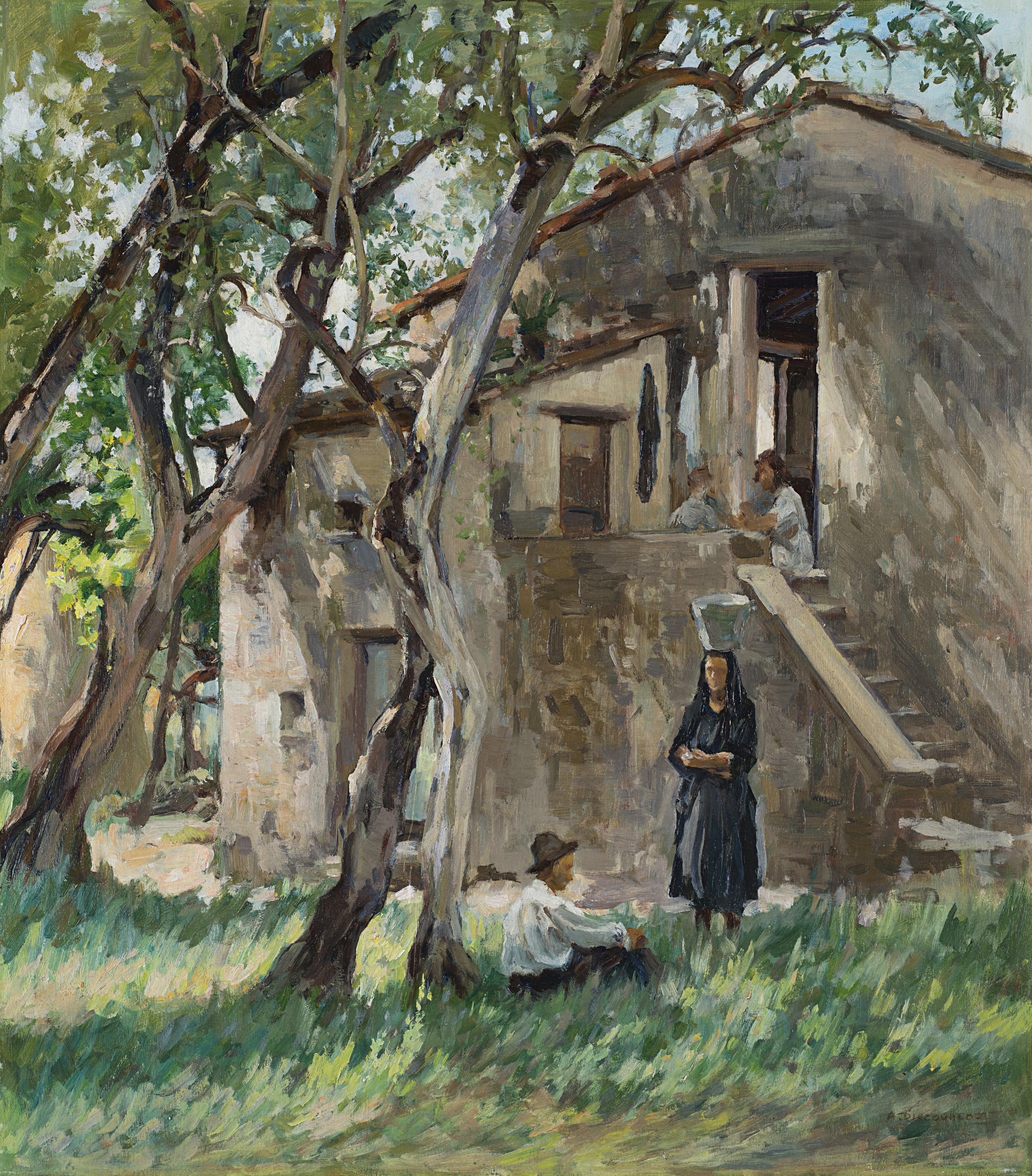 Antonio Discovolo - Scorcio con cascina e figure