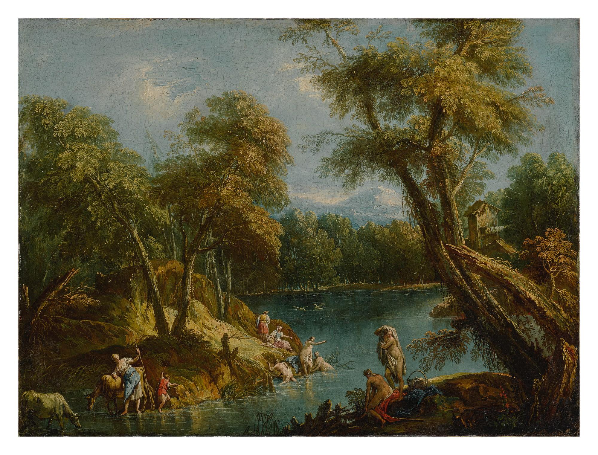 Antonio Diziani - A wooded landscape with figures and animals by a lake