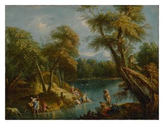 Antonio Diziani - A wooded landscape with figures and animals by a lake