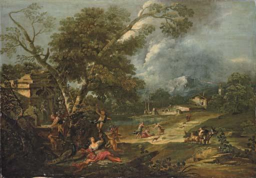 Antonio Diziani - An Italianate river landscape with Juno resting under a tree with putti, a fountain nearby