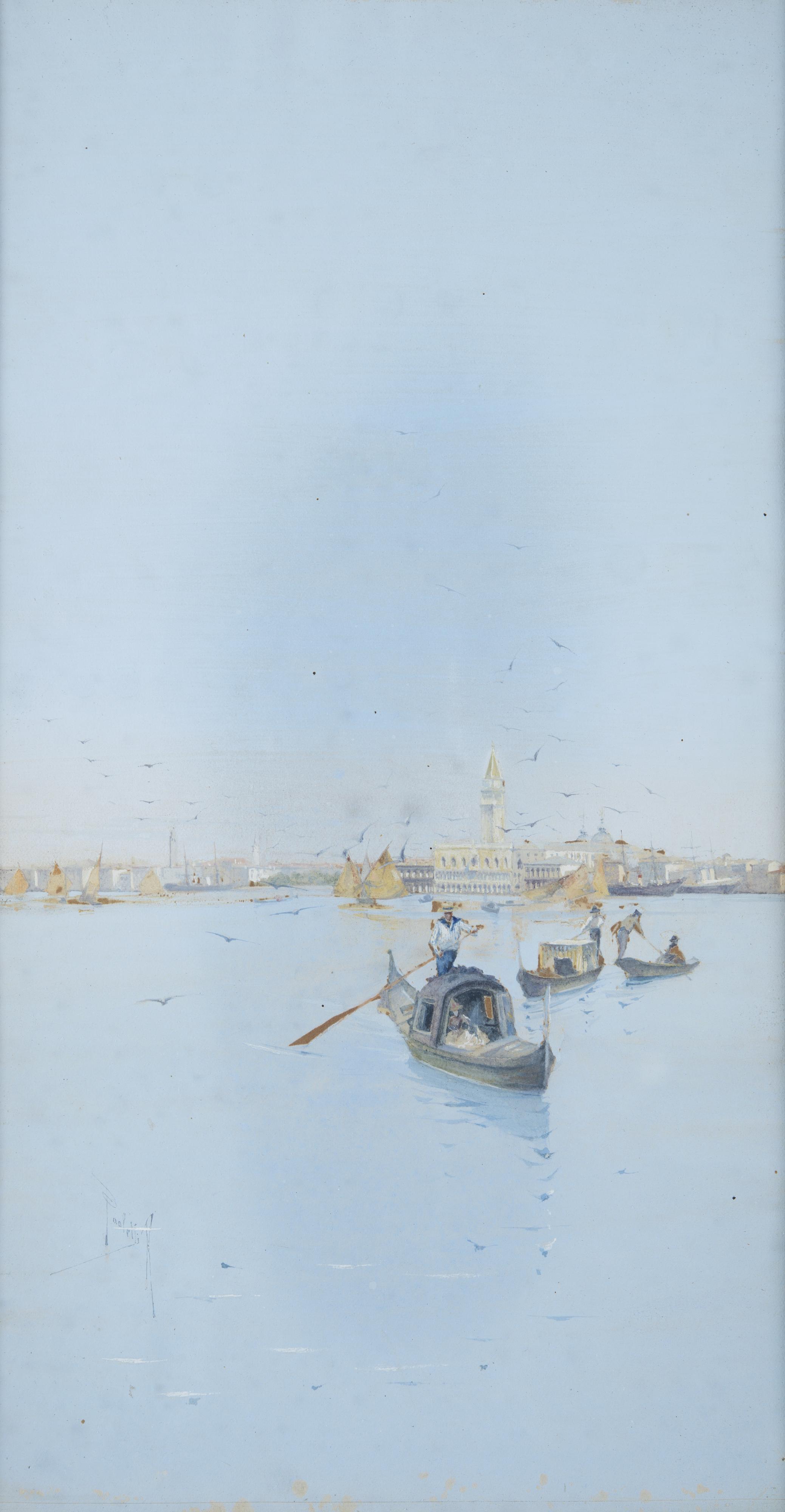 Antonio Ermolao Paoletti - Gondole con Venezia sullo sfondo