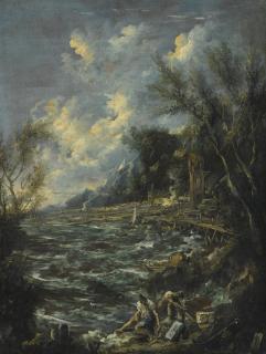 Antonio Francesco Peruzzini - A Mediterranean Coastal Landscape With Choppy Waters And Figures On The Shore In The Foreground