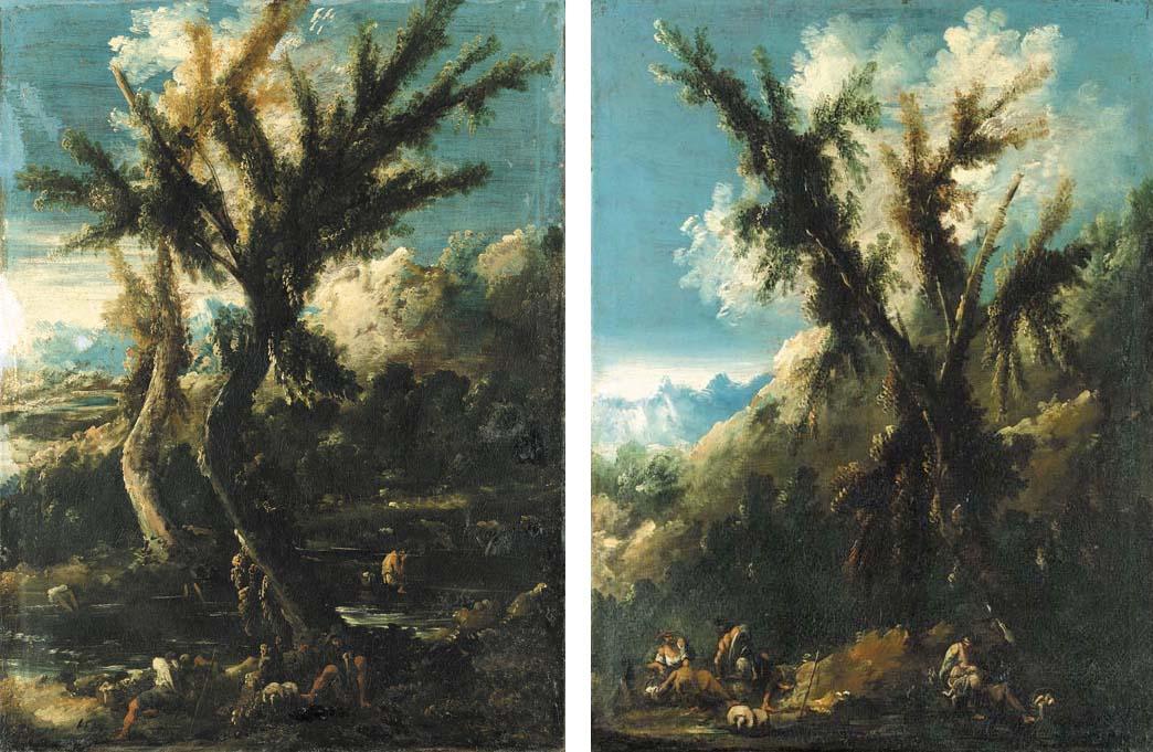 Antonio Francesco Peruzzini - A mountainous landscape with figures by a tree; and A wooded river landscape with figures resting