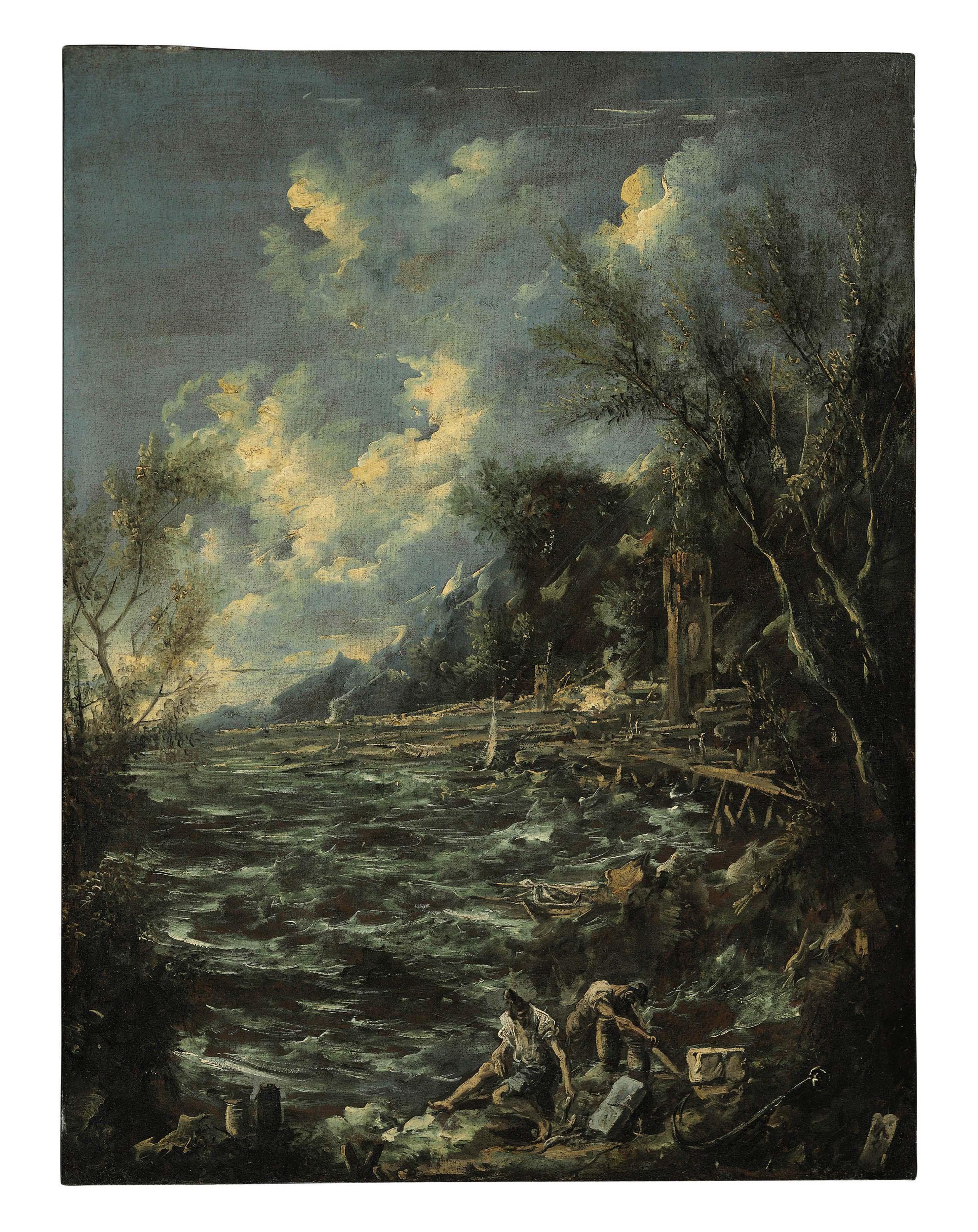 Antonio Francesco Peruzzini - A storm on a Mediterranean coast with fishermen in the foreground