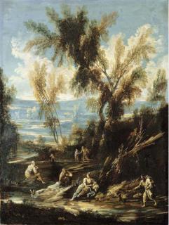 Antonio Francesco Peruzzini - A wooded river landscape with washerwomen and other figures