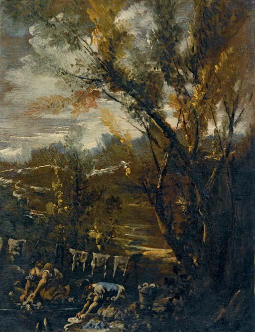 Antonio Francesco Peruzzini - Paesaggio fluviale con lavandaie