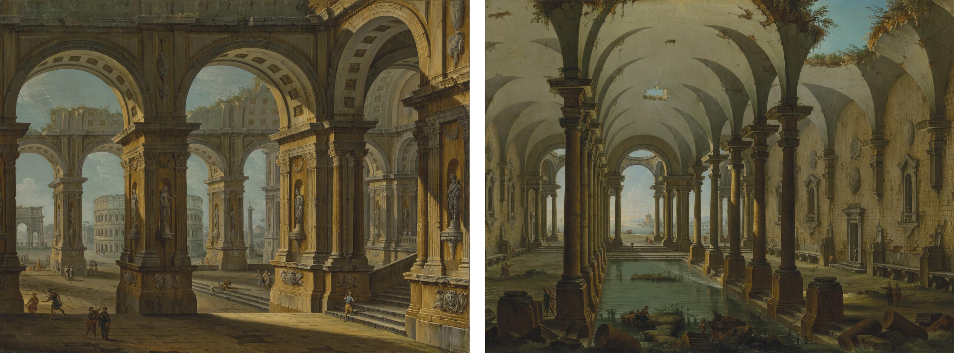 Antonio Joli - A capriccio of partially ruined baths with people swimming; and A capriccio of Rome with the Colusseum and Arch of Titus
