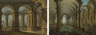 Antonio Joli - A capriccio of partially ruined baths with people swimming; and A capriccio of Rome with the Colusseum and Arch of Titus