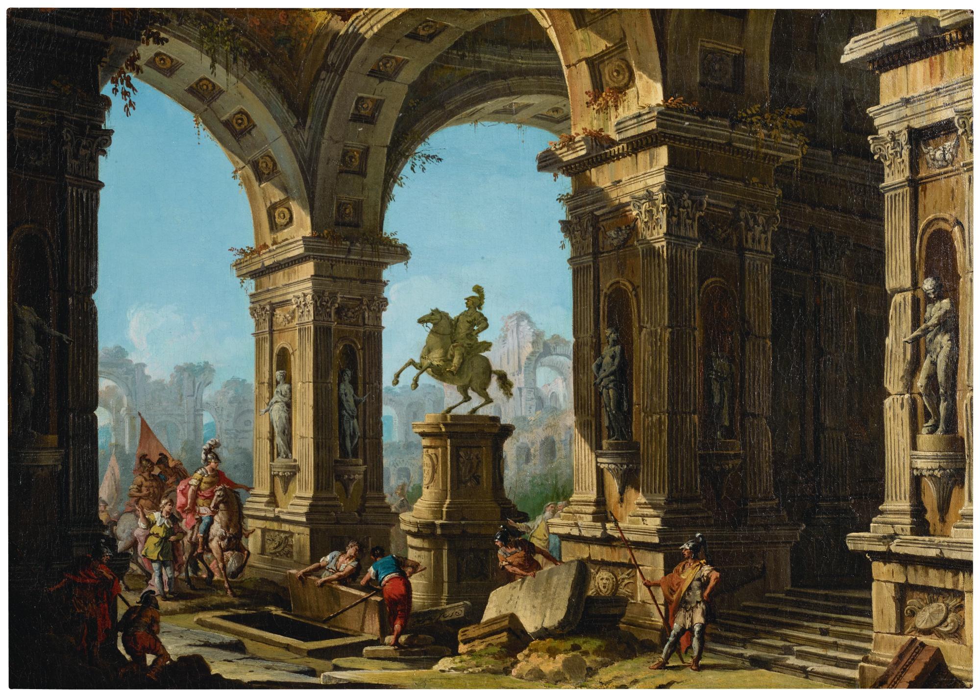Antonio Joli - A Capriccio View Of A Classical Portico With Alexander The Great Before The Tomb Of Achilles