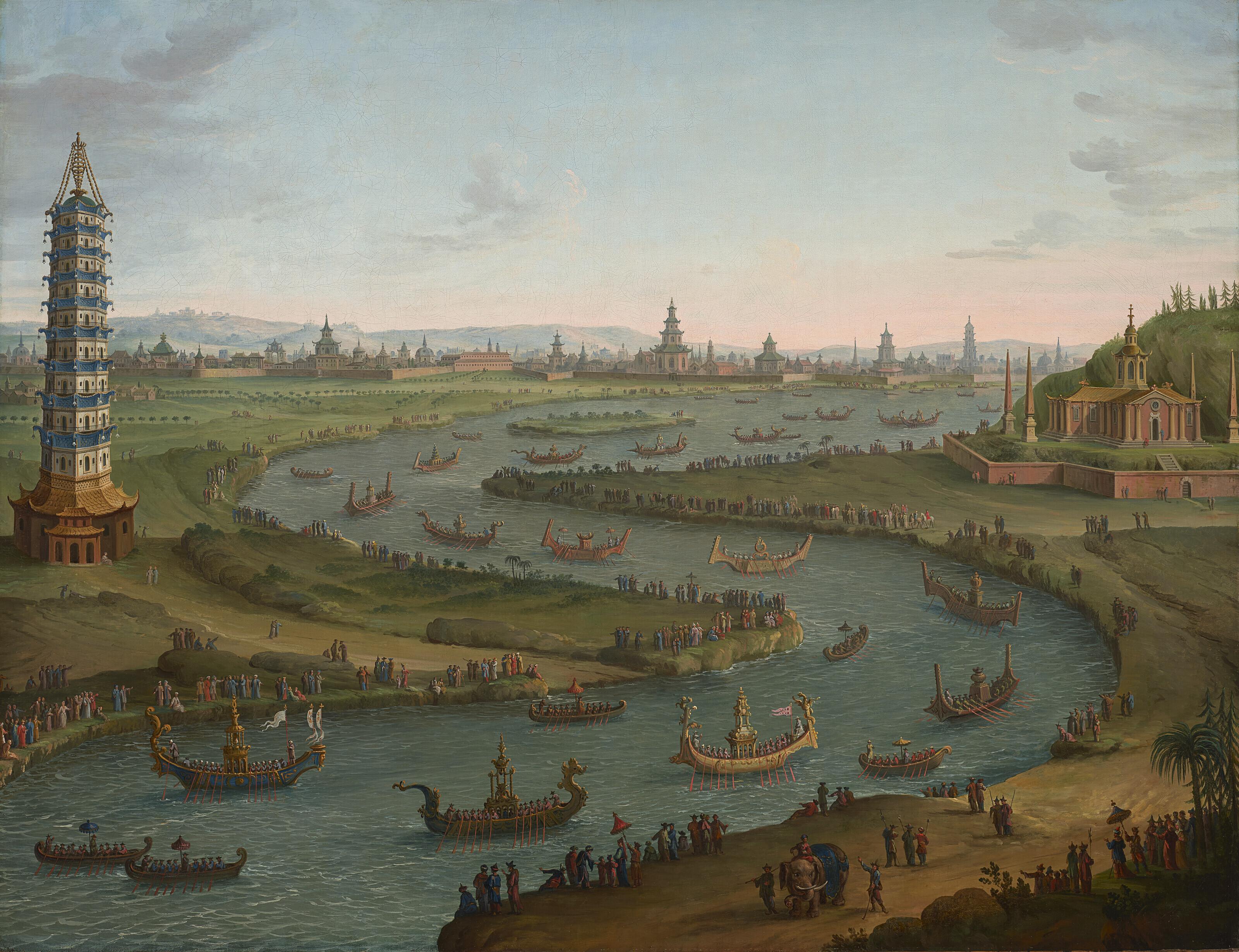 Antonio Joli - A Capriccio With The French Ambassador Approaching The King Of Siam’S Palace In A State Barge, In October 1685, Featuring The White Porcelain Pagoda, From Nanjing, China, On The Left