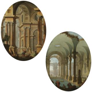 Antonio Joli - An Architectural Capriccio With Christ Driving The Money-Traders From The Temple; An Architectural Capriccio With Christ Healing The Sick