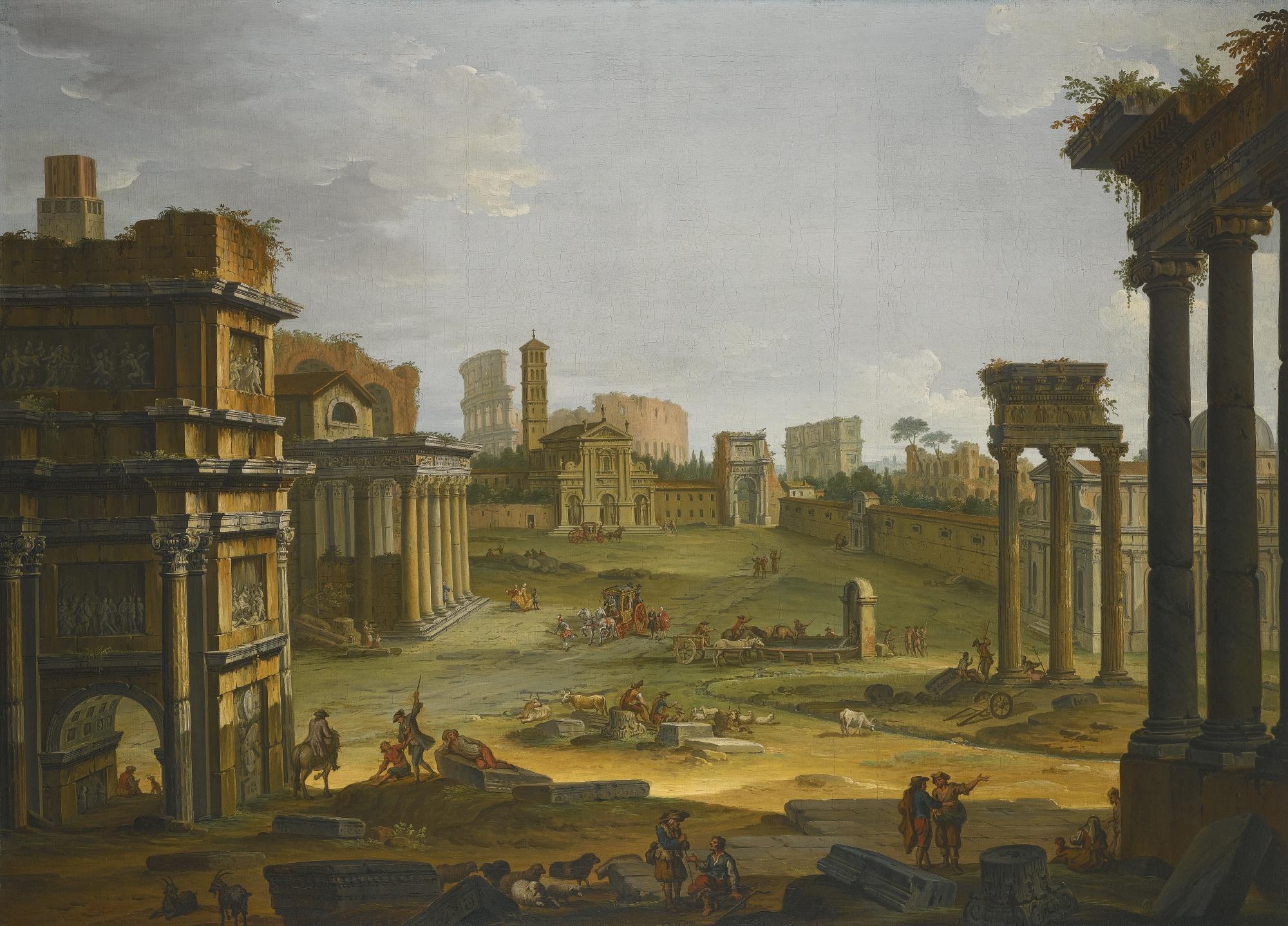 Antonio Joli - Rome, A View Of The Forum With The Campo Vaccino, The Church Of Santa Francesca Romana And The Colosseum