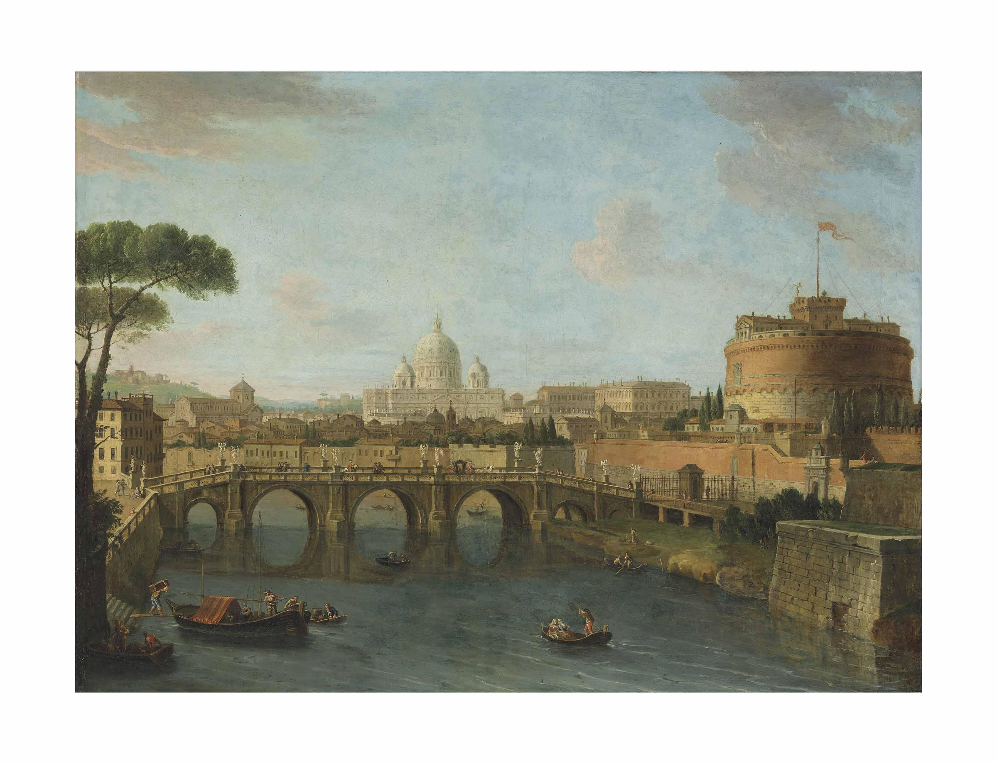 Antonio Joli - The Tiber, Rome, looking towards the Castel Sant\'Angelo, with Saint Peter\'s Basilica beyond