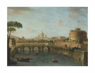 Antonio Joli - The Tiber, Rome, looking towards the Castel Sant\'Angelo, with Saint Peter\'s Basilica beyond