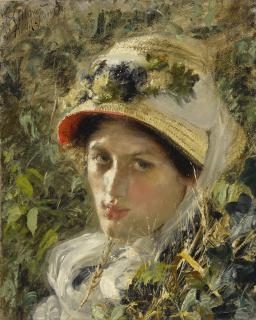 Antonio Mancini - Italianwoman In A Straw Hat