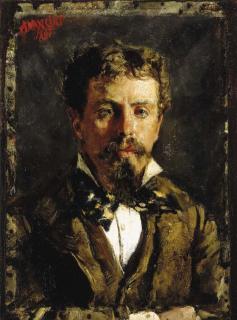 Antonio Mancini - Portrait of a young gentleman, wearing a white shirt, cravatte and brown waistcoat and jacket