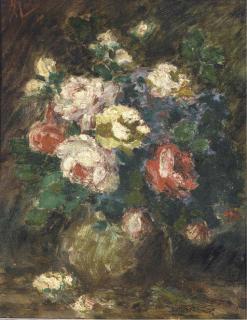 Antonio Mancini - Roses in a vase
