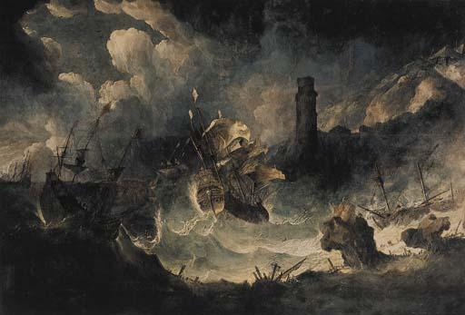 Antonio Maria Marini - A coastal landscape with ships in a storm