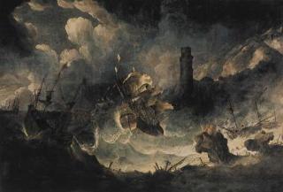 Antonio Maria Marini - A coastal landscape with ships in a storm