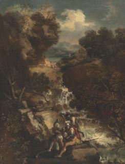 Antonio Maria Marini - A wooded river landscape with soldiers by a stream