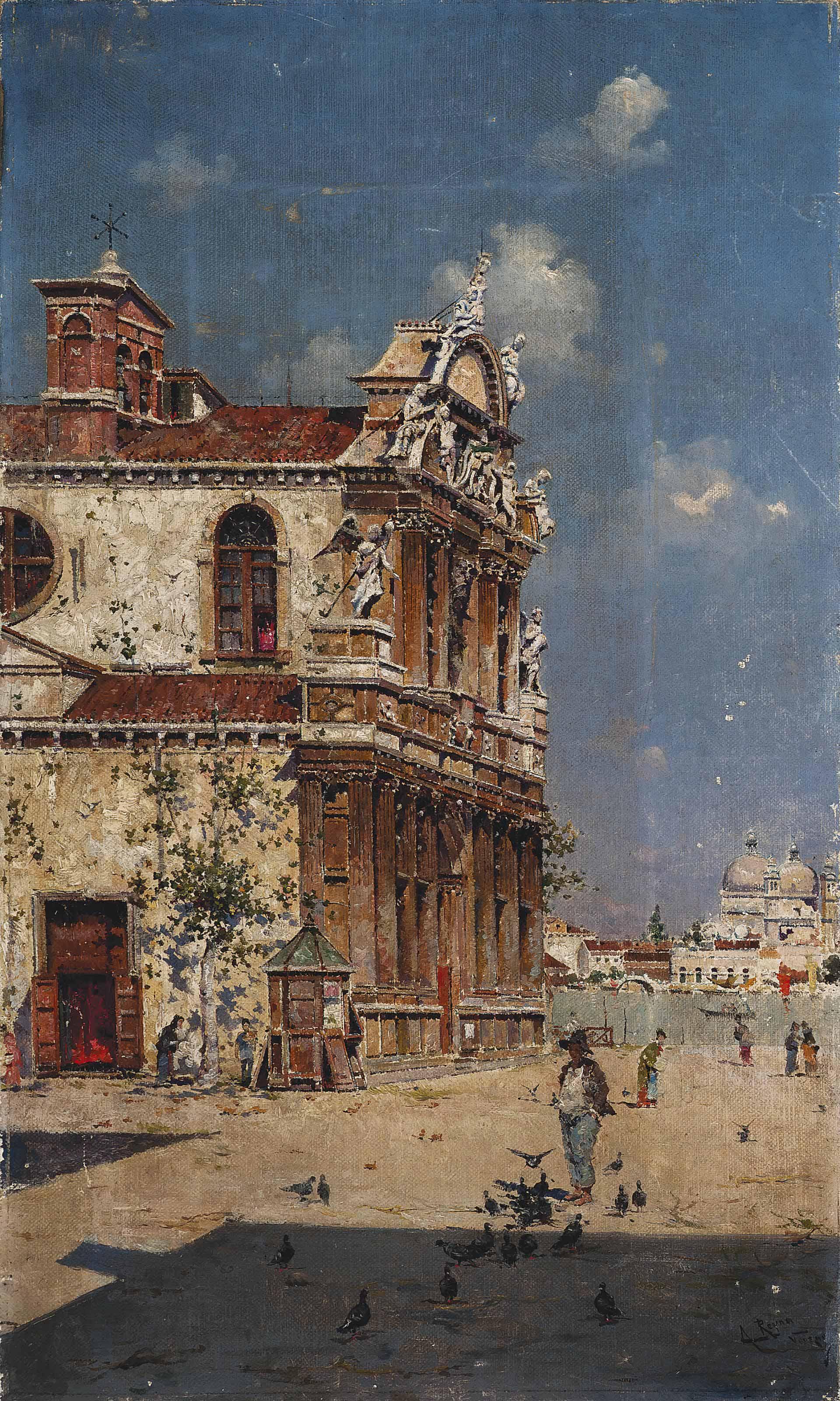 Antonio Maria Reyna de Manescau - Feeding the pigeons on Giudecca, Santa Maria della Salute beyond