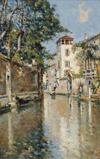 Antonio Maria Reyna De Manescau - Gondola With Figures On A Venetian Backwater; And Figures A Gondola On A Venetian Backwater