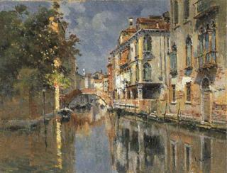 Antonio Maria Reyna Manescau - - Canale a Venezia olio su cartone cm 17x22  - Due scorci di Assisi oli su tavola cm 16x10 ciascuno 	 (3)