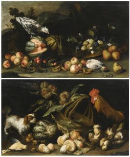 Antonio Maria Vassallo - A Forest Floor Still Life With A Dog, A Cockerel, Horse Chestnuts And A Melon; A Forest Floor Still Life With Figs, Pears, Melons, Apricots And Cucumbers