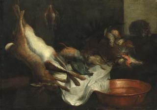 Antonio Maria Vassallo - Dead hare, partridges and other birds on a partially draped ledge with a copper basin filled with water, a cat on a window ledge beyond
