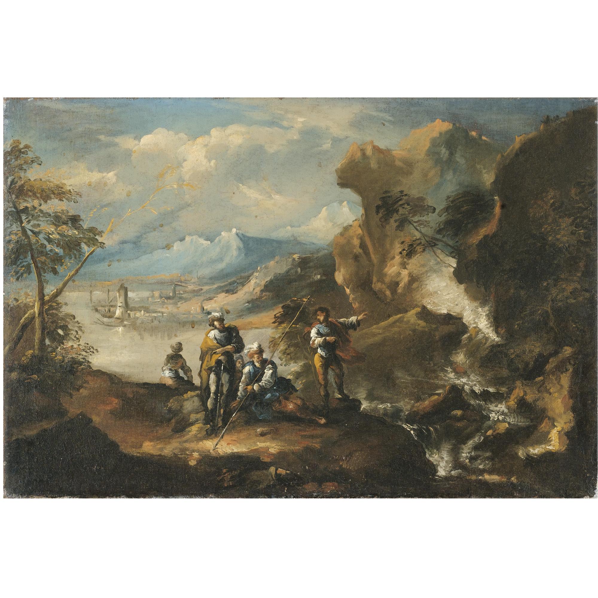 Antonio Marini - A Coastal Landscape With Figures Beside A Cascade