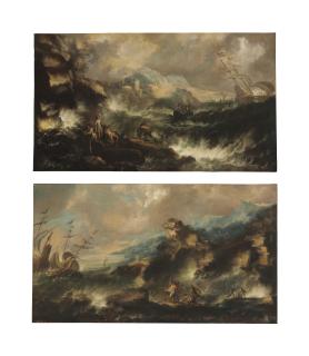 Antonio Marini - A shipwreck off a rocky coast with survivors on the shore, a fortified town beyond; and A shipwreck off a rocky coast with survivors on the shore