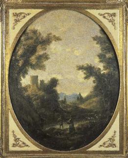 Antonio Marini - Paesaggio fluviale con astanti ed un torrione in lontananza