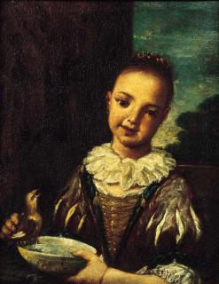 Antonio Mercurio Amorosi - Fanciulla con uccellino che si bagna in una ciotola Fanciullo con cardellino in mano e cane