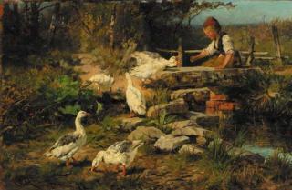 Antonio Montemezzo - A peasant girl feeding geese