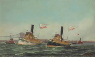 Antonio Nicolo Gasparo Jacobsen - The Tugboats of WM. J. McCaldin, G.H. Dentz and J.S. Stranahan in the East River, South of the Brooklyn Bridge